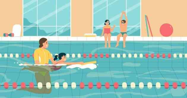 Illustration of an instructor offering swimming lessons in a swim school in Mt. Albert.